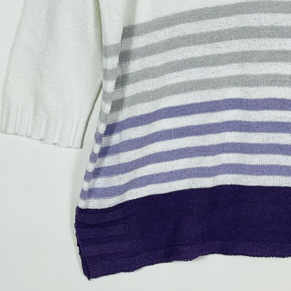 Chico's White Grey Purple Stripe 3/4 Sleeve‎ Nubby Knit Sweater Womens 1 Medium - Picture 3 of 7